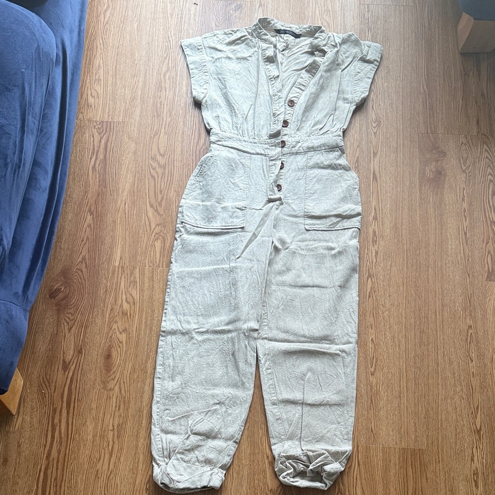 Zara Tan Button-Front Jumpsuit